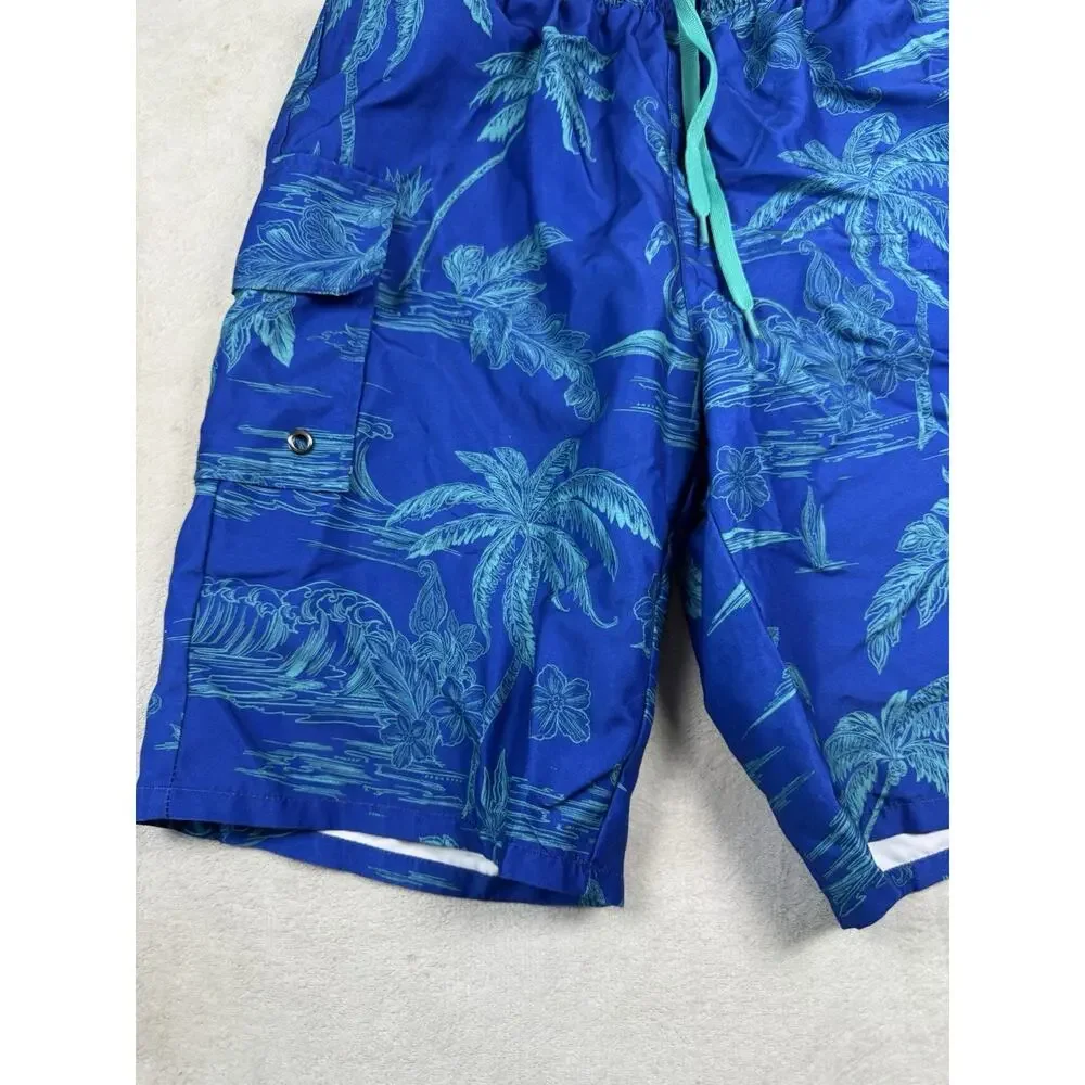 Outdoor Oasis Boys Husky 10/12 Blue Tropical Palm Swim Trunks Cargo